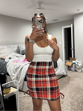 Rainbow orange, black and white plaid bodycon skirt